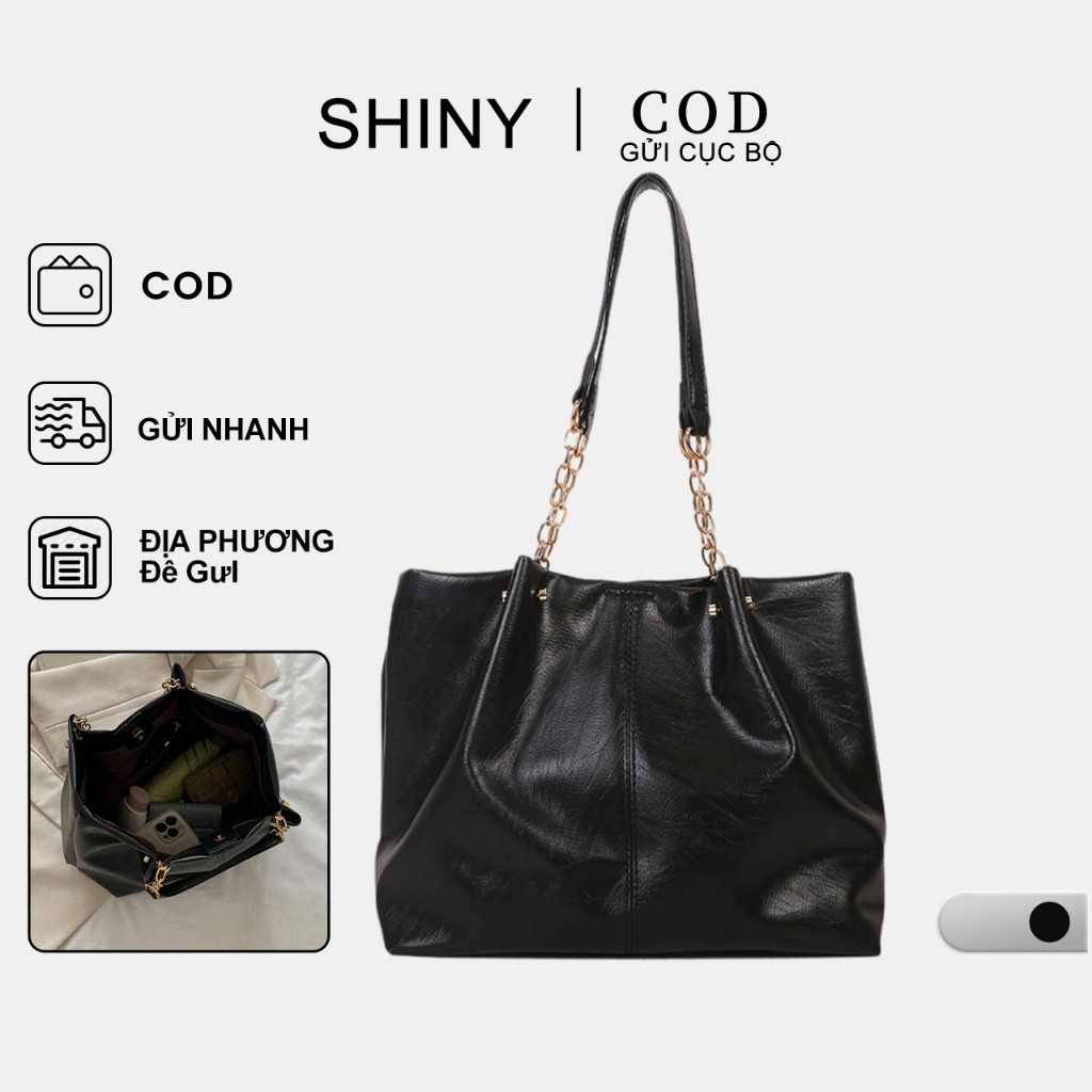 túi tote Da ĐựTúi Xếch nữ dáng cơ bản Thời Trang Mới 2023 túi màu đen đeo vai hóa chất PU ứng dụng cho A4 và laptop 【shiny bag】