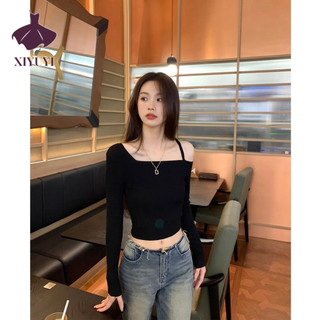  XIYUYI Áo Thun cotton Tay Dài Hở Vai Dáng Ôm Màu Trơn Dành Cho Nữ