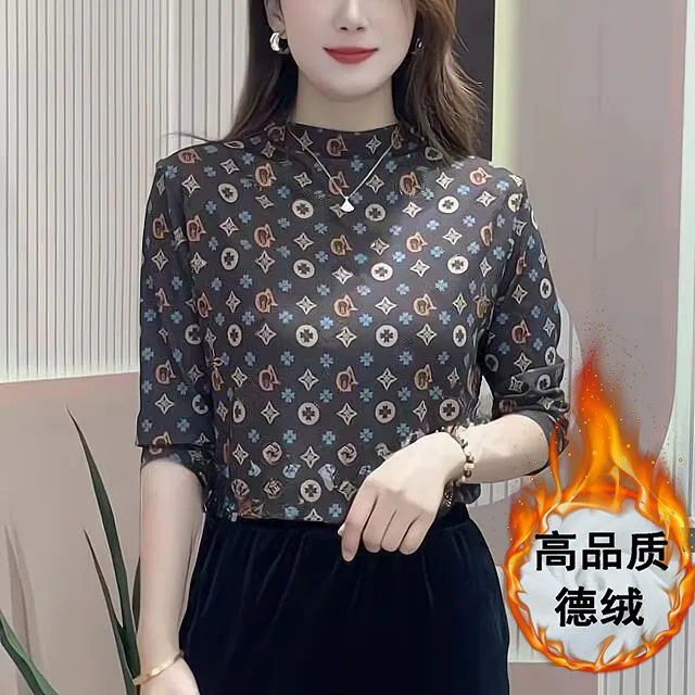Áo thun tay dài cổ cao plus size cho phụ nữ trung niên