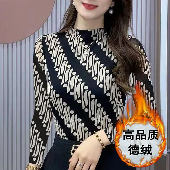 Áo thun tay dài cổ cao plus size cho phụ nữ trung niên