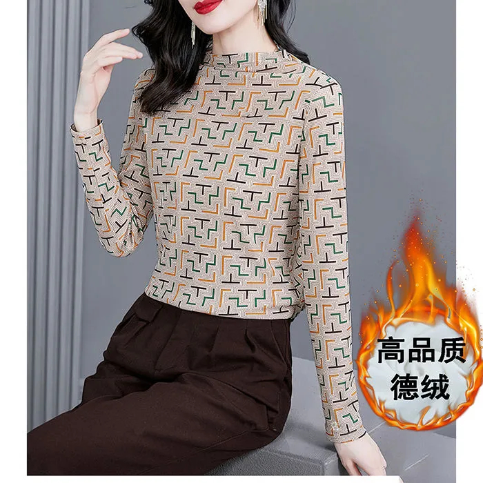 Áo thun tay dài cổ cao plus size cho phụ nữ trung niên