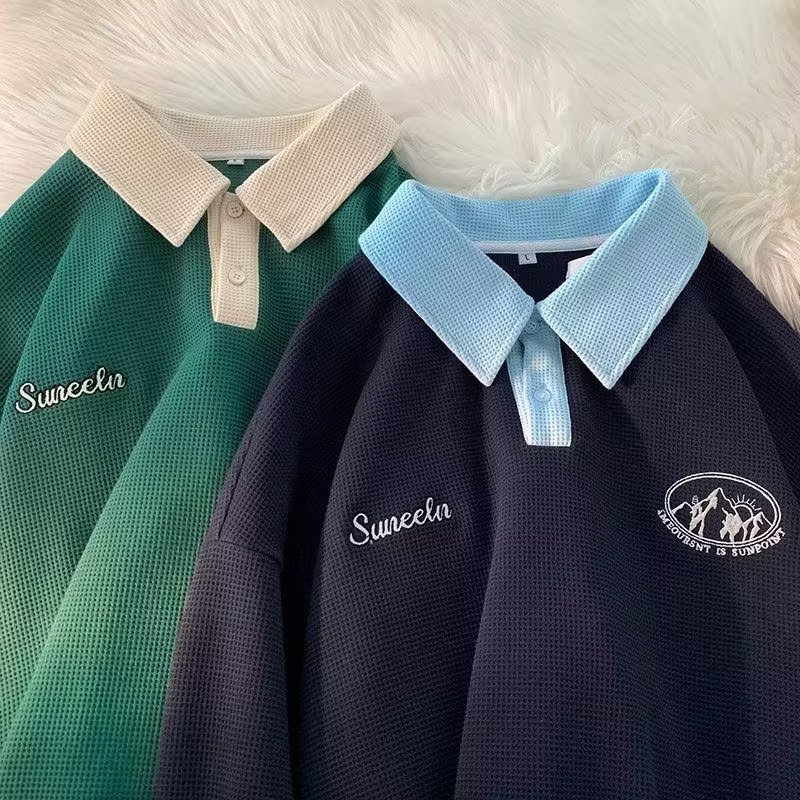 ✦AFFLIGA✦ Áo sweater polo Dáng Rộng Thêu Họa Tiết Phong Cách Mỹ Thời Trang Thu Đông Cho Nam