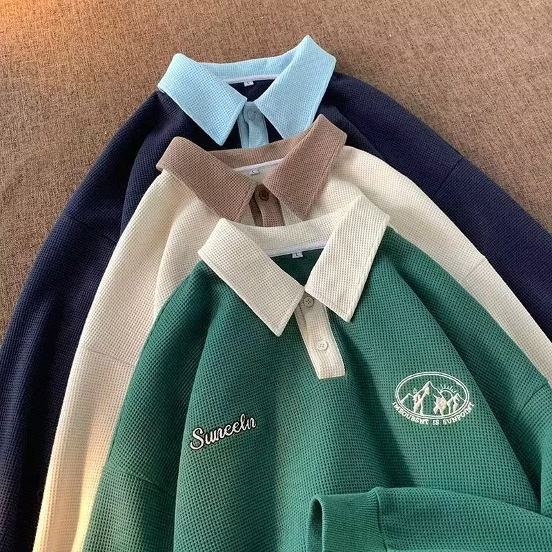 ✦AFFLIGA✦ Áo sweater polo Dáng Rộng Thêu Họa Tiết Phong Cách Mỹ Thời Trang Thu Đông Cho Nam