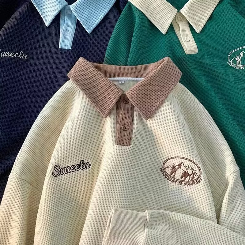 ✦AFFLIGA✦ Áo sweater polo Dáng Rộng Thêu Họa Tiết Phong Cách Mỹ Thời Trang Thu Đông Cho Nam