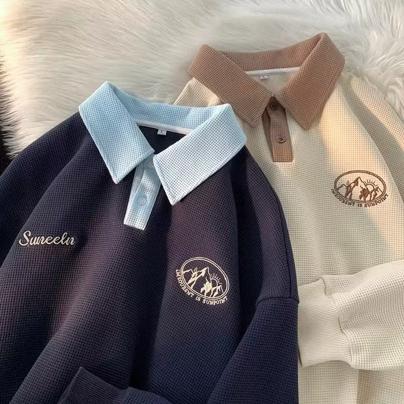 ✦AFFLIGA✦ Áo sweater polo Dáng Rộng Thêu Họa Tiết Phong Cách Mỹ Thời Trang Thu Đông Cho Nam