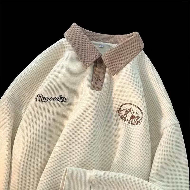 ✦AFFLIGA✦ Áo sweater polo Dáng Rộng Thêu Họa Tiết Phong Cách Mỹ Thời Trang Thu Đông Cho Nam
