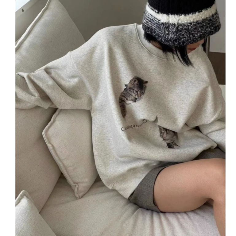 Áo Thun cotton Cổ Tròn In Hình Mèo Thời Trang Thu Đông Dành Cho Nữ