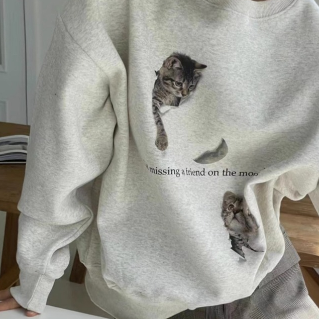 Áo Thun cotton Cổ Tròn In Hình Mèo Thời Trang Thu Đông Dành Cho Nữ