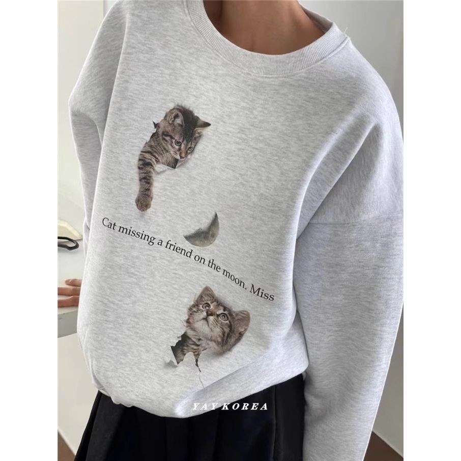Áo Thun cotton Cổ Tròn In Hình Mèo Thời Trang Thu Đông Dành Cho Nữ