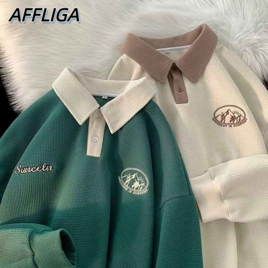 ✦AFFLIGA✦ Áo sweater polo Dáng Rộng Thêu Họa Tiết Phong Cách Mỹ Thời Trang Thu Đông Cho Nam