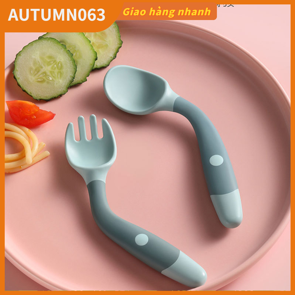 Bộ muỗng nĩa em bé bằng PP mềm tay cầm cong tập cho bé tự ăn Autumn063