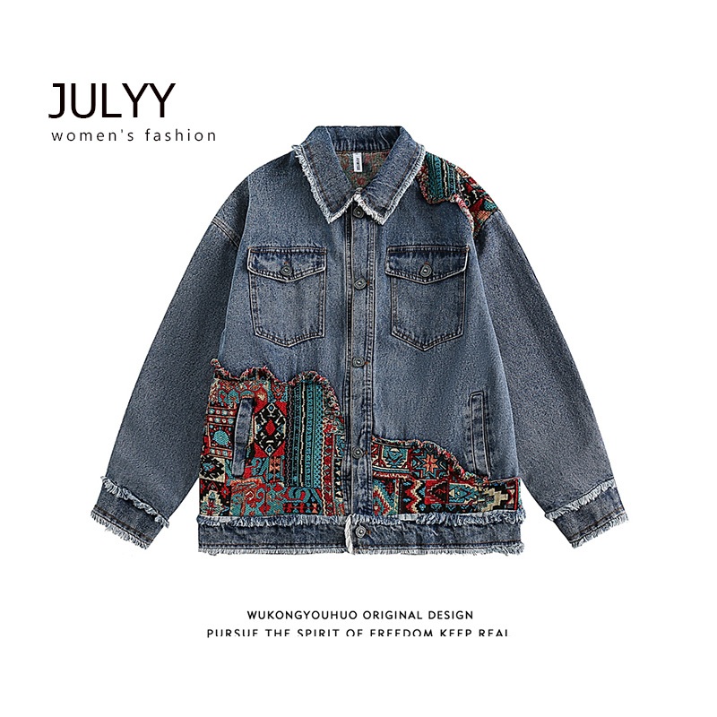 Áo Khoác denim Thêu Họa Tiết vintage Đường Phố Mỹ Thời Trang Xuân Thu Cao Cấp Cho Nữ