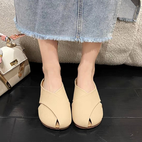 YAOLI  Da mềm Bao Đầu thời trang Pháp 2023 mới giày lười Muller cho bà bầu giày đế bằng da nhỏ nửa kéo