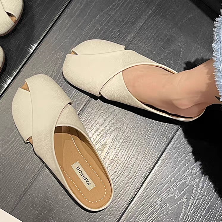 YAOLI  Da mềm Bao Đầu thời trang Pháp 2023 mới giày lười Muller cho bà bầu giày đế bằng da nhỏ nửa kéo
