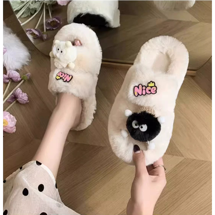 Dễ Thương Dép cotton Phối Lông Xù Dày Dặn Ấm Áp Thời Trang Mùa Thu Đông