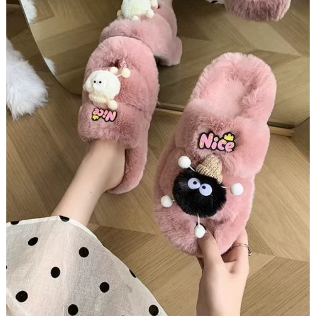 Dễ Thương Dép cotton Phối Lông Xù Dày Dặn Ấm Áp Thời Trang Mùa Thu Đông