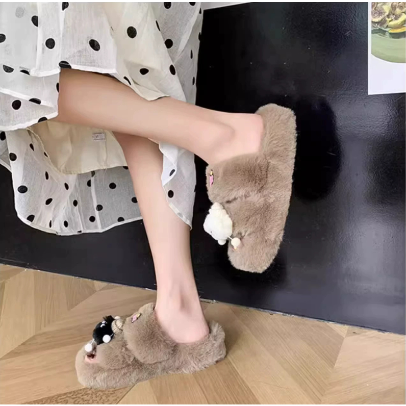 Dễ Thương Dép cotton Phối Lông Xù Dày Dặn Ấm Áp Thời Trang Mùa Thu Đông