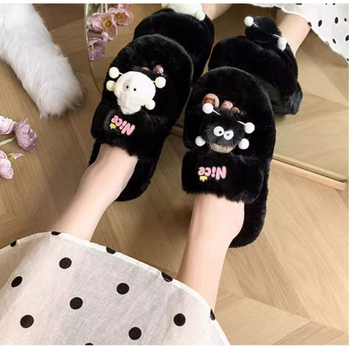 Dễ Thương Dép cotton Phối Lông Xù Dày Dặn Ấm Áp Thời Trang Mùa Thu Đông