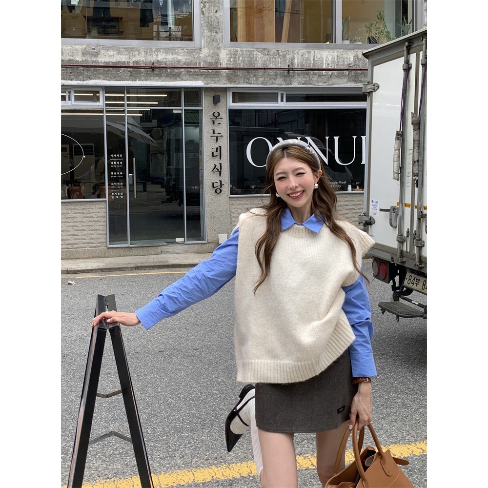 「MOTEL7」Áo sweater Dệt Kim Sát Nách Màu Đỏ Phong Cách retro