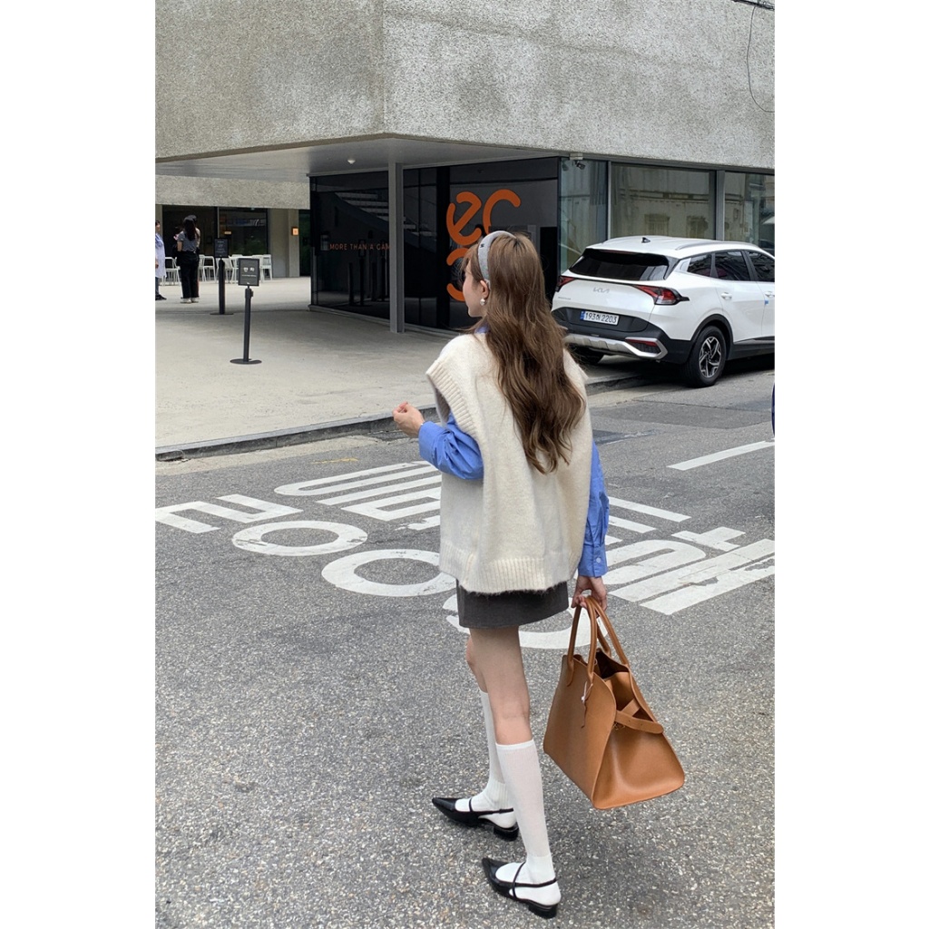 「MOTEL7」Áo sweater Dệt Kim Sát Nách Màu Đỏ Phong Cách retro