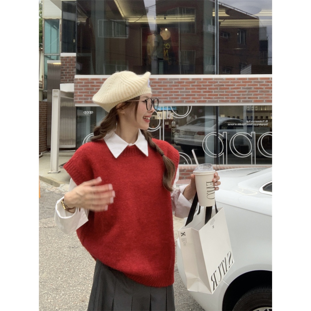 「MOTEL7」Áo sweater Dệt Kim Sát Nách Màu Đỏ Phong Cách retro