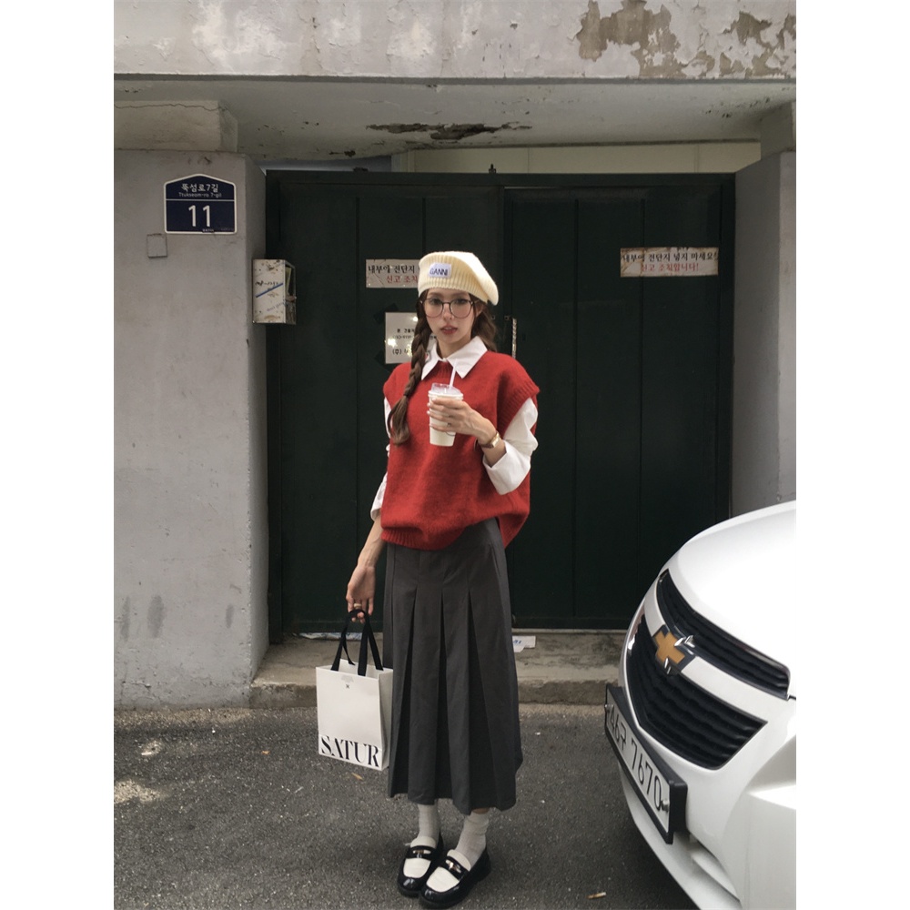 「MOTEL7」Áo sweater Dệt Kim Sát Nách Màu Đỏ Phong Cách retro