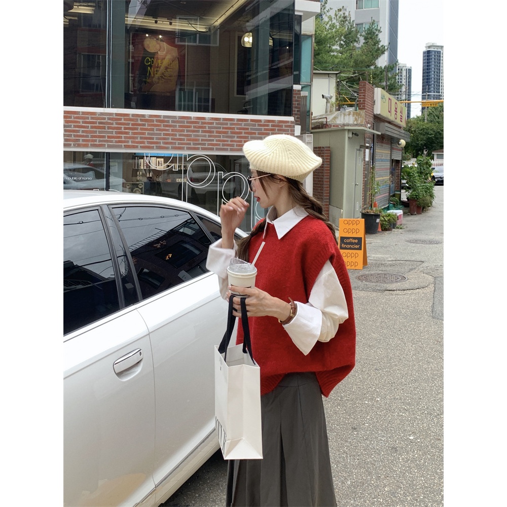 「MOTEL7」Áo sweater Dệt Kim Sát Nách Màu Đỏ Phong Cách retro