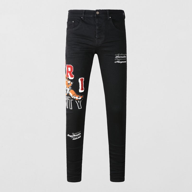 Amiri High Street Fashion Men Jeans Black Slim Fit Tiger Head Embroidery Printing Process Design Hig