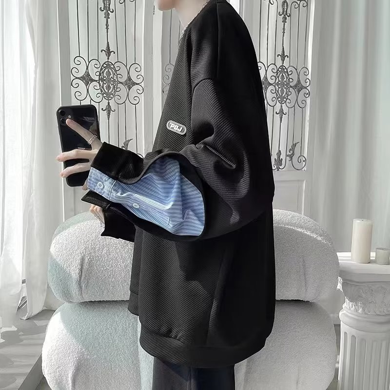 Áo sweater Tay Dài Giả Hai Lớp Cài Nút Phong Cách Mỹ Hàn Quốc Thời Trang Xuân Thu Cho Nam