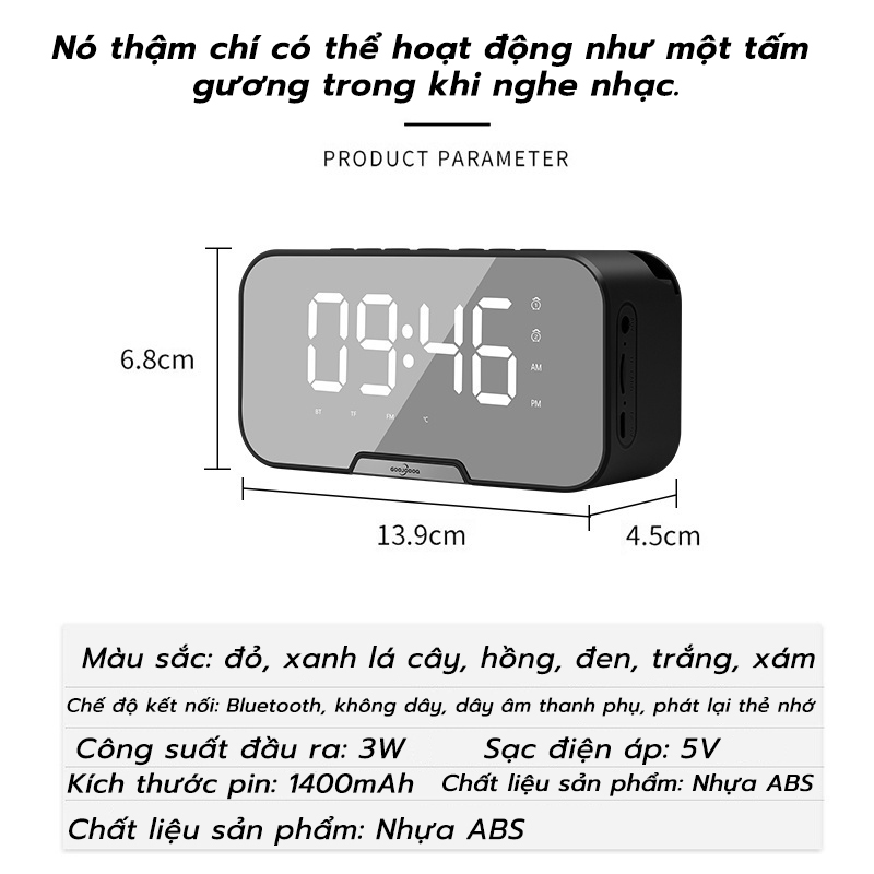 Loa đồng hồ báo thức goojodoq bluetooth không dây di động đa năng có đài FM âm thanh nổi/trầm mini