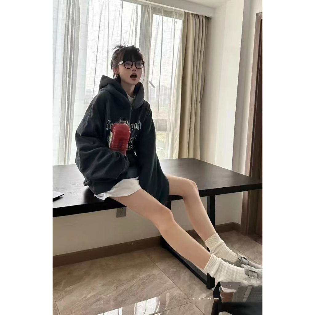Áo Hoodie Màu Trơn Dáng Rộng In Chữ Phong Cách Hàn Quốc Cho Nữ