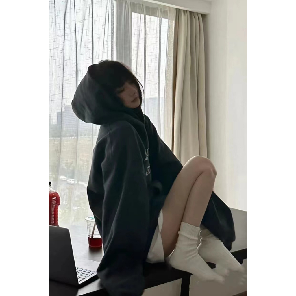 Áo Hoodie Màu Trơn Dáng Rộng In Chữ Phong Cách Hàn Quốc Cho Nữ