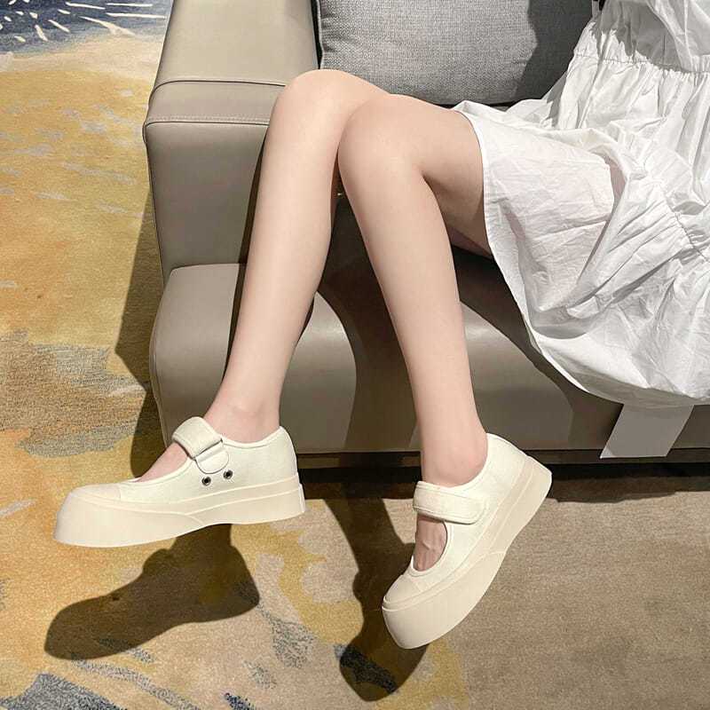 🔥Có Hàng Sẵn🔥Giày Búp Bê Vải Bạt Mũi To Đế Dày Màu Trắng Dễ Thương Kiểu Pháp Thời Trang Mùa Hè Cho Bạn Gái