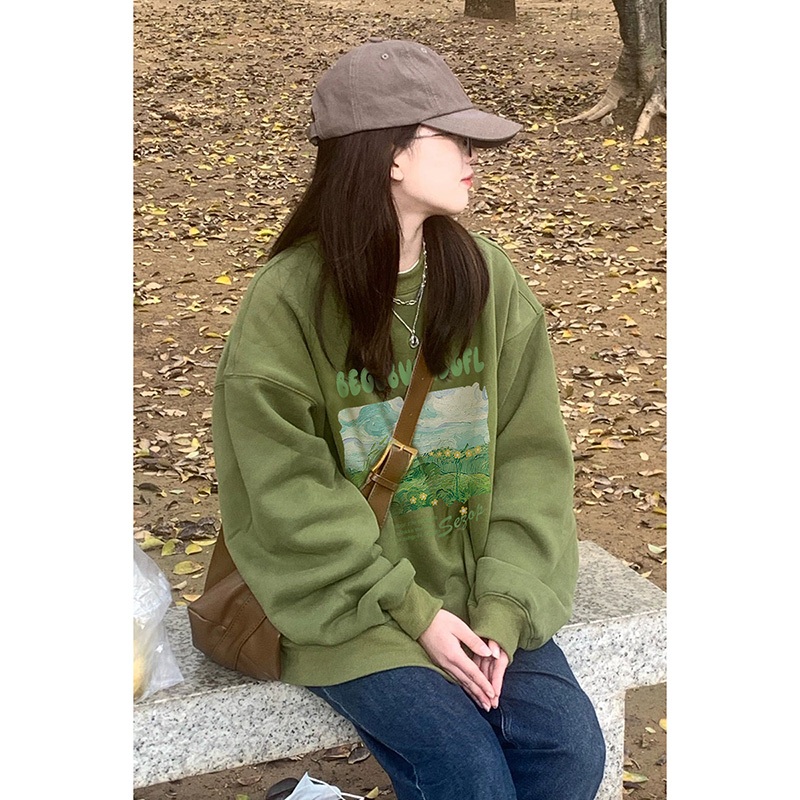 NEWMINE❤Áo sweater Áo nỉ dài tay Áo Thun Nỉ Tay Dài Cổ Tròn Dáng Rộng In Hình Cô Gái Phong Cách Thời Trang