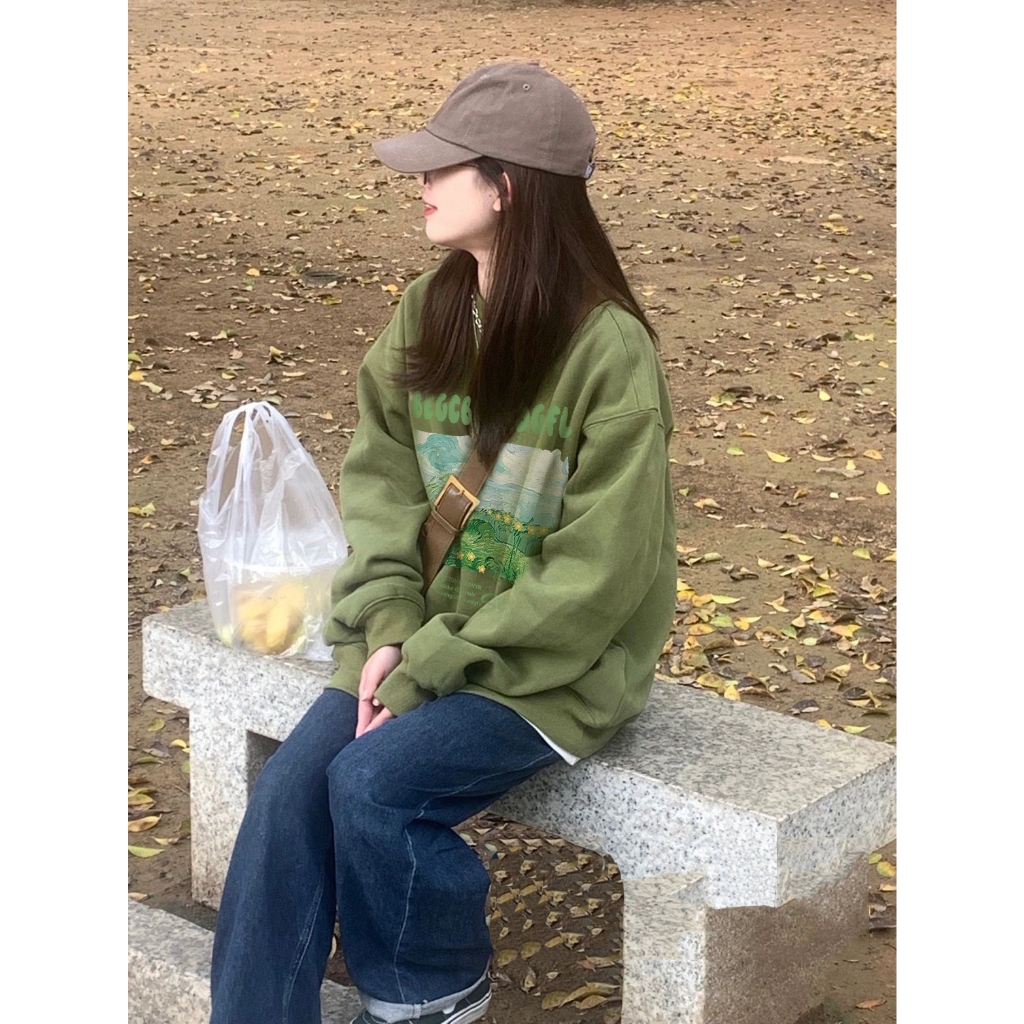 NEWMINE❤Áo sweater Áo nỉ dài tay Áo Thun Nỉ Tay Dài Cổ Tròn Dáng Rộng In Hình Cô Gái Phong Cách Thời Trang