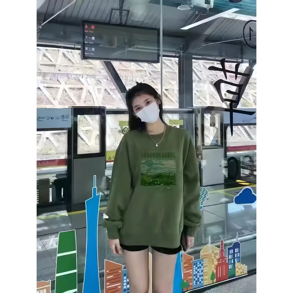 NEWMINE❤Áo sweater Áo nỉ dài tay Áo Thun Nỉ Tay Dài Cổ Tròn Dáng Rộng In Hình Cô Gái Phong Cách Thời Trang