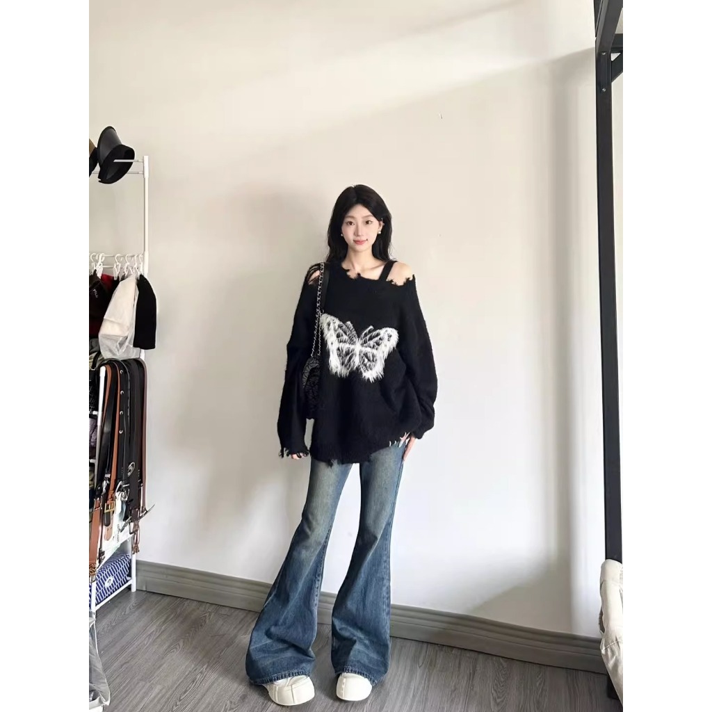 Cocory vn Áo sweater Dệt Kim Tay Dài Dáng Rộng In Hình Bướm Phong Cách Hàn Quốc Thời Trang Cho Nữ y2k