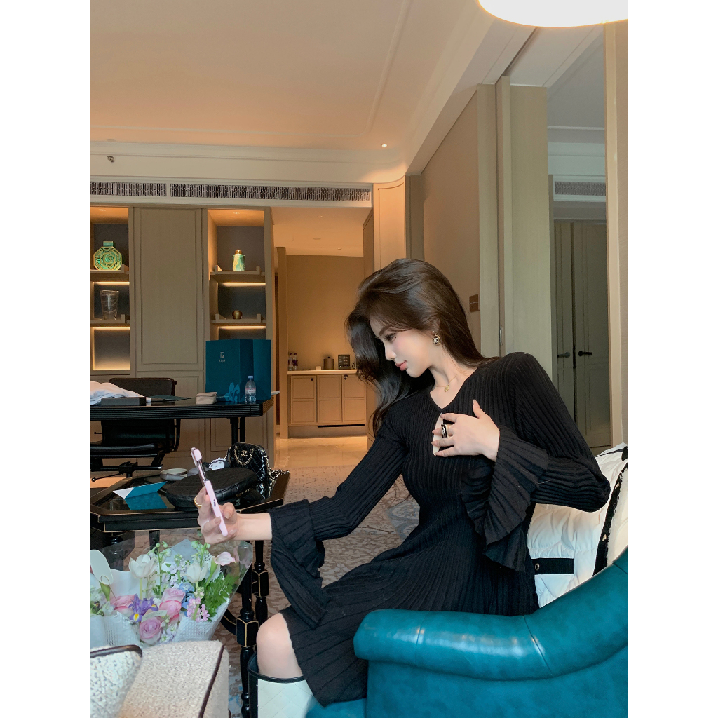 Honypove Đen Đầm Múa Ba Lê Dệt Kim Dáng Chữ a Xếp Ly Phối Bèo Dễ