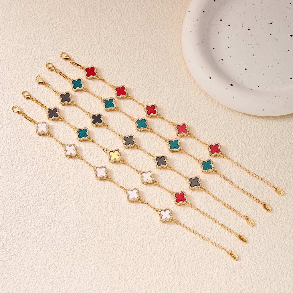 Vòng Tay Hai Lớp Mạ Vàng 18k Hai Lớp Mặt Hình Cỏ May Mắn Phong Cách Hàn Quốc Thời Trang Cho Nữ