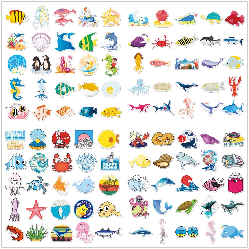 Set 100 / 100 Sticker Dán Trang Trí Hình Động Vật Biển / Vỏ Sò ❉ Miếng Dán Đề Can diy Chống Thấm Nước Hình doodle Cho Điện Thoại / Laptop / Cốc Nước / guitar / Mũ Bảo Hiểm / Chai Nước / Hành Lý