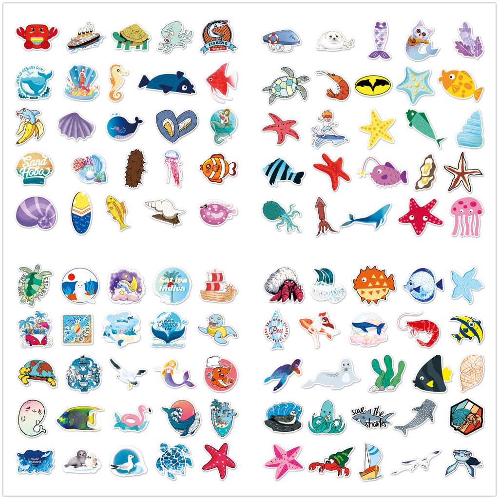 Set 100 / 100 Sticker Dán Trang Trí Hình Động Vật Biển / Vỏ Sò ❉ Miếng Dán Đề Can diy Chống Thấm Nước Hình doodle Cho Điện Thoại / Laptop / Cốc Nước / guitar / Mũ Bảo Hiểm / Chai Nước / Hành Lý