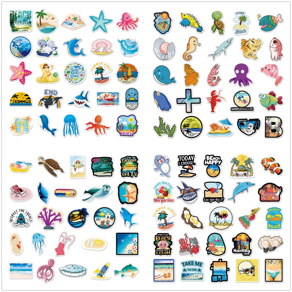 Set 100 / 100 Sticker Dán Trang Trí Hình Động Vật Biển / Vỏ Sò ❉ Miếng Dán Đề Can diy Chống Thấm Nước Hình doodle Cho Điện Thoại / Laptop / Cốc Nước / guitar / Mũ Bảo Hiểm / Chai Nước / Hành Lý