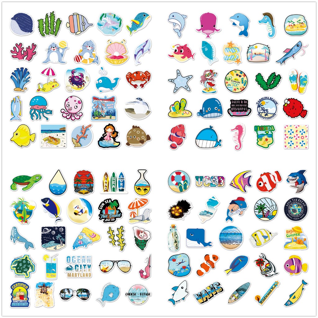 Set 100 / 100 Sticker Dán Trang Trí Hình Động Vật Biển / Vỏ Sò ❉ Miếng Dán Đề Can diy Chống Thấm Nước Hình doodle Cho Điện Thoại / Laptop / Cốc Nước / guitar / Mũ Bảo Hiểm / Chai Nước / Hành Lý