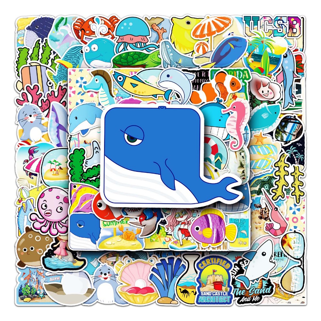 Set 100 / 100 Sticker Dán Trang Trí Hình Động Vật Biển / Vỏ Sò ❉ Miếng Dán Đề Can diy Chống Thấm Nước Hình doodle Cho Điện Thoại / Laptop / Cốc Nước / guitar / Mũ Bảo Hiểm / Chai Nước / Hành Lý