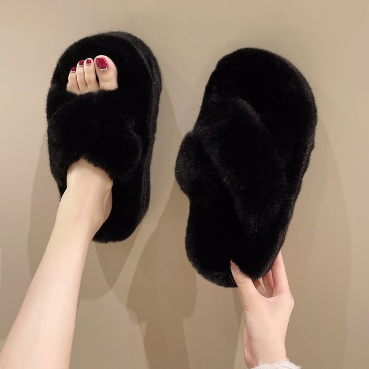 Dép Cao Gót 7.5cm 2023 Mũi Tròn Hở Ngón Bằng Vải Lông Dày Dặn Ấm Áp Thoải Mái Chống Trượt Màu Trơn Phong Cách Hàn Quốc Thời Trang Mùa Đông