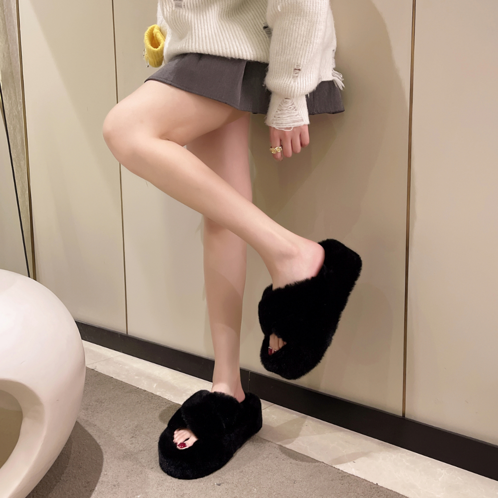 Dép Cao Gót 7.5cm 2023 Mũi Tròn Hở Ngón Bằng Vải Lông Dày Dặn Ấm Áp Thoải Mái Chống Trượt Màu Trơn Phong Cách Hàn Quốc Thời Trang Mùa Đông