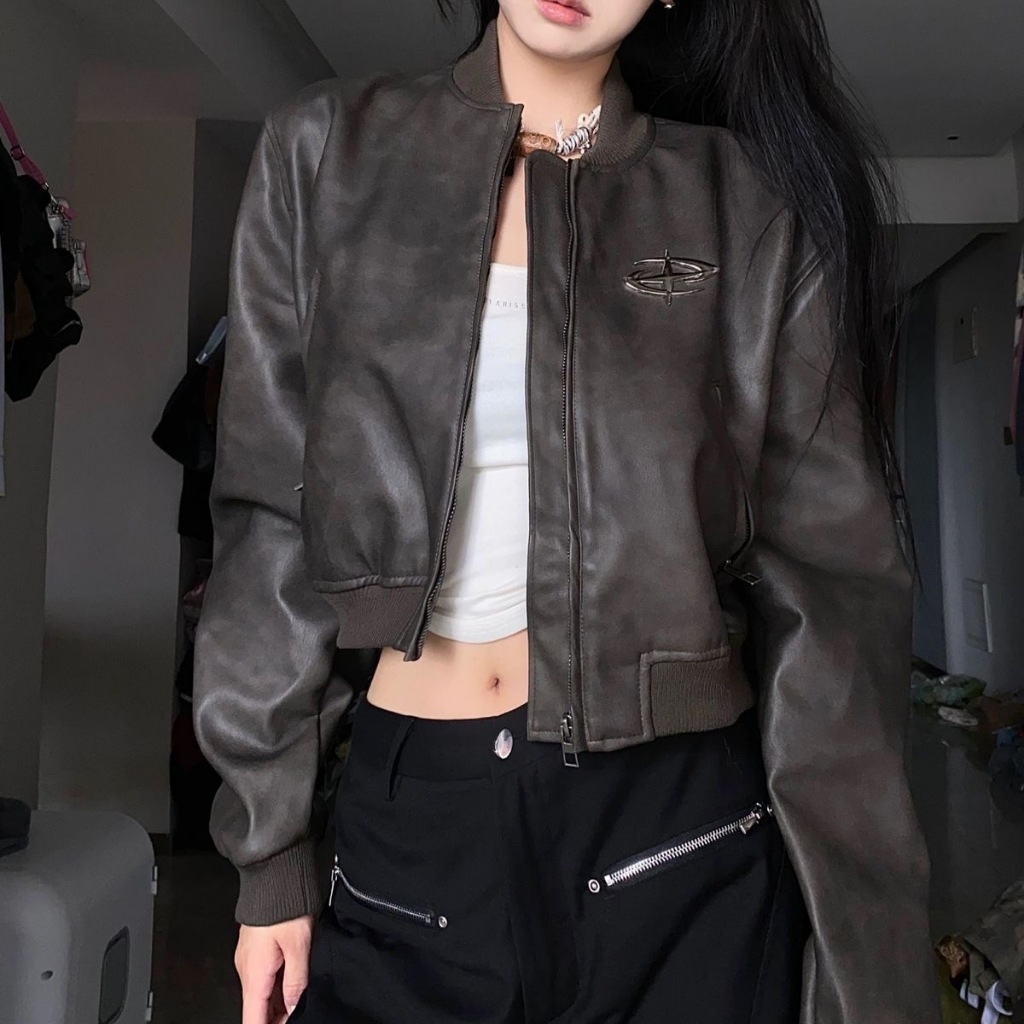 Áo Khoác Bóng Chày Dáng Ngắn Màu Nâu Kiểu vintage Mỹ Cá Tính