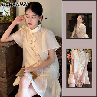 Duohanzi bộ áo sườn xám vải voan phong cách trung hoa thời trang mùa hè mới cho nữ
