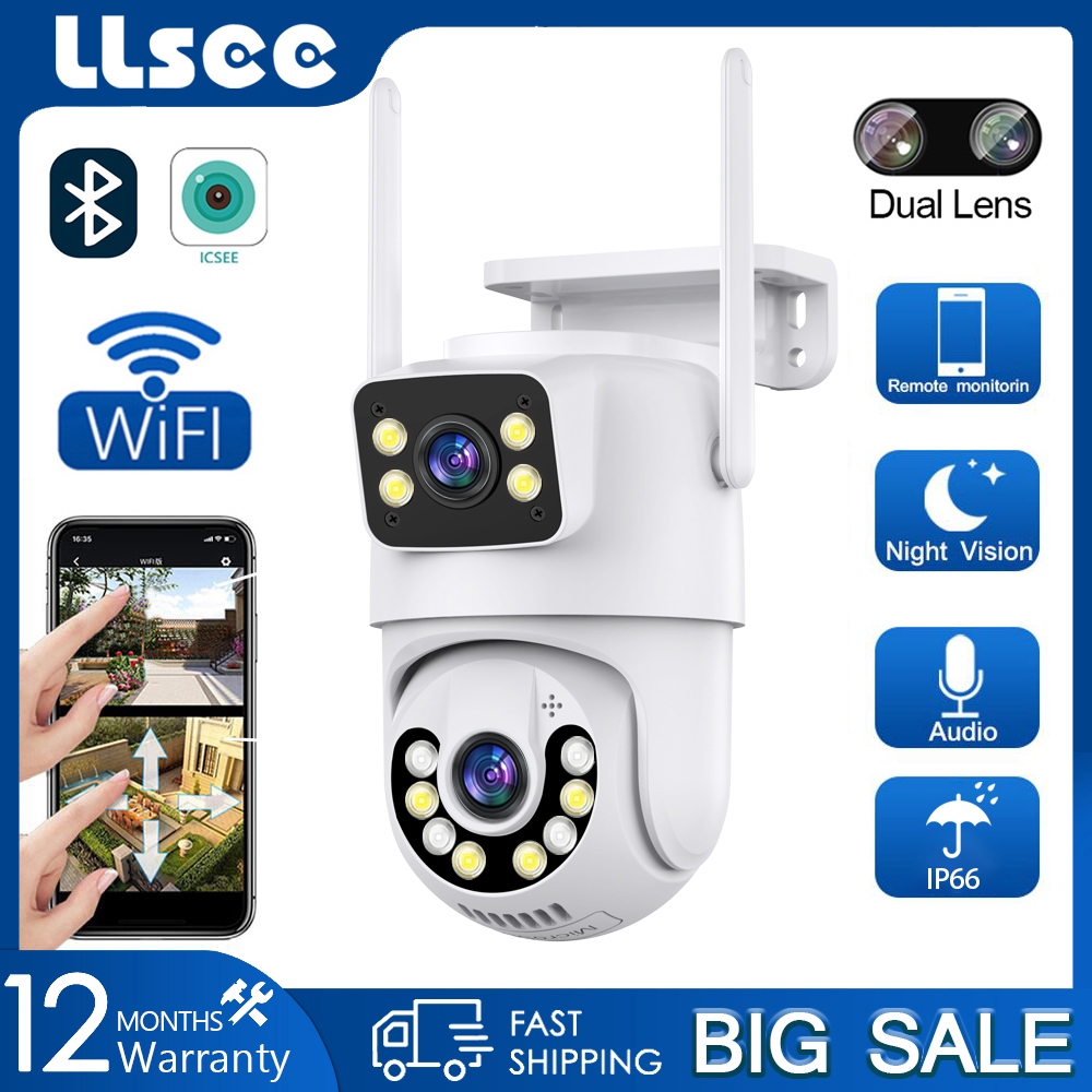 LLSEE icsee, camera 2 mắt ngoài trời, ptz, camera wifi không dây nhà kết nối điện thoại di động, HD 8.0MP, theo dõi điện thoại di động, cuộc gọi hai chiều, tầm nhìn ban đêm đầy màu sắc, IP66 không thấm nước