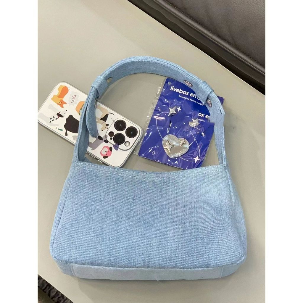 Shi chen Túi Xách tote denim Thời Trang Cổ Điển Hình Ngôi Sao Kim Loại Thiết Kế Đơn Giản Phong Cách niche Và Đa Năng Cho Nữ